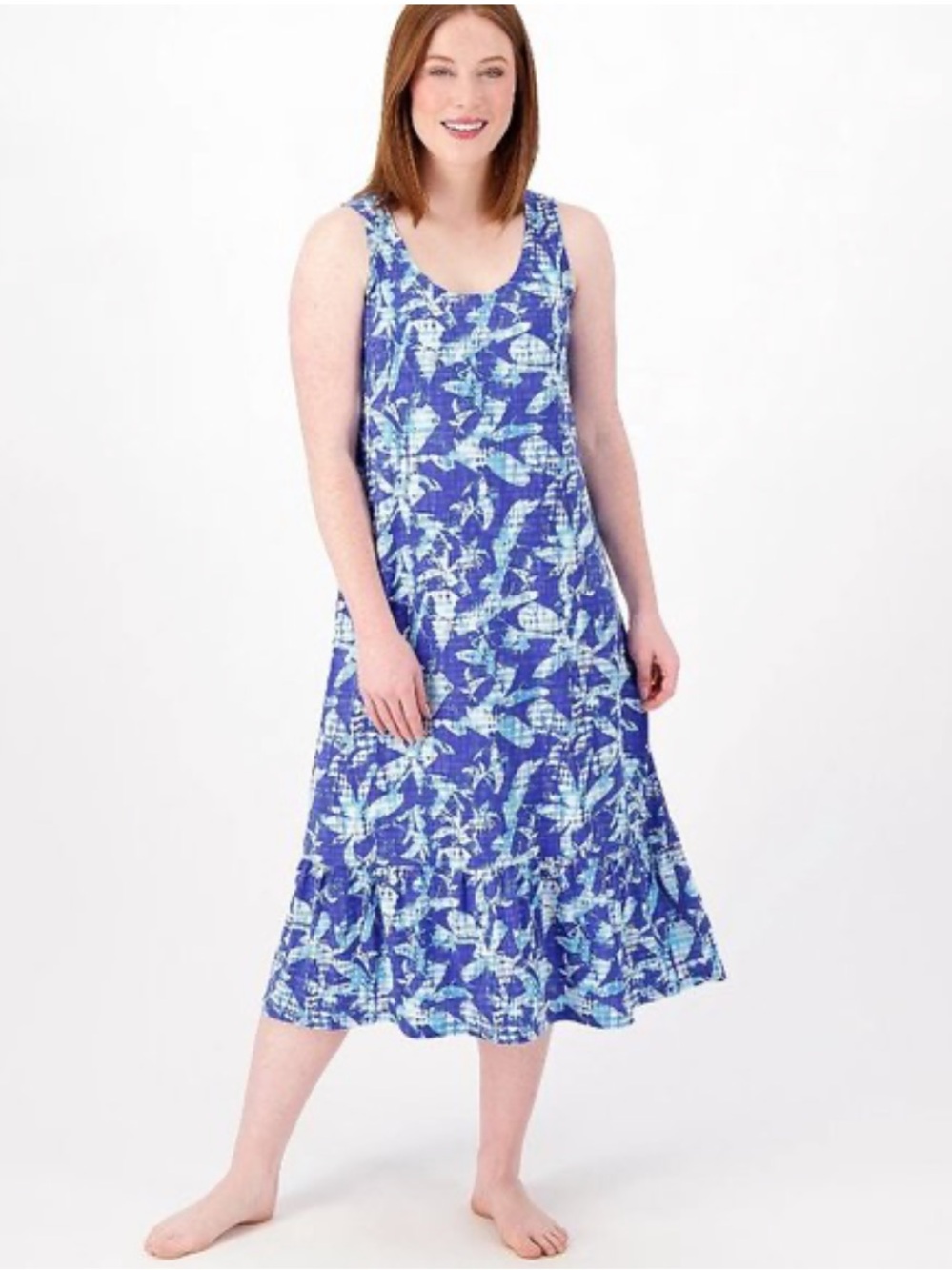 Breezies Tie Dye Floral Ruffle Hem Midi Tank Dress Blue Size S